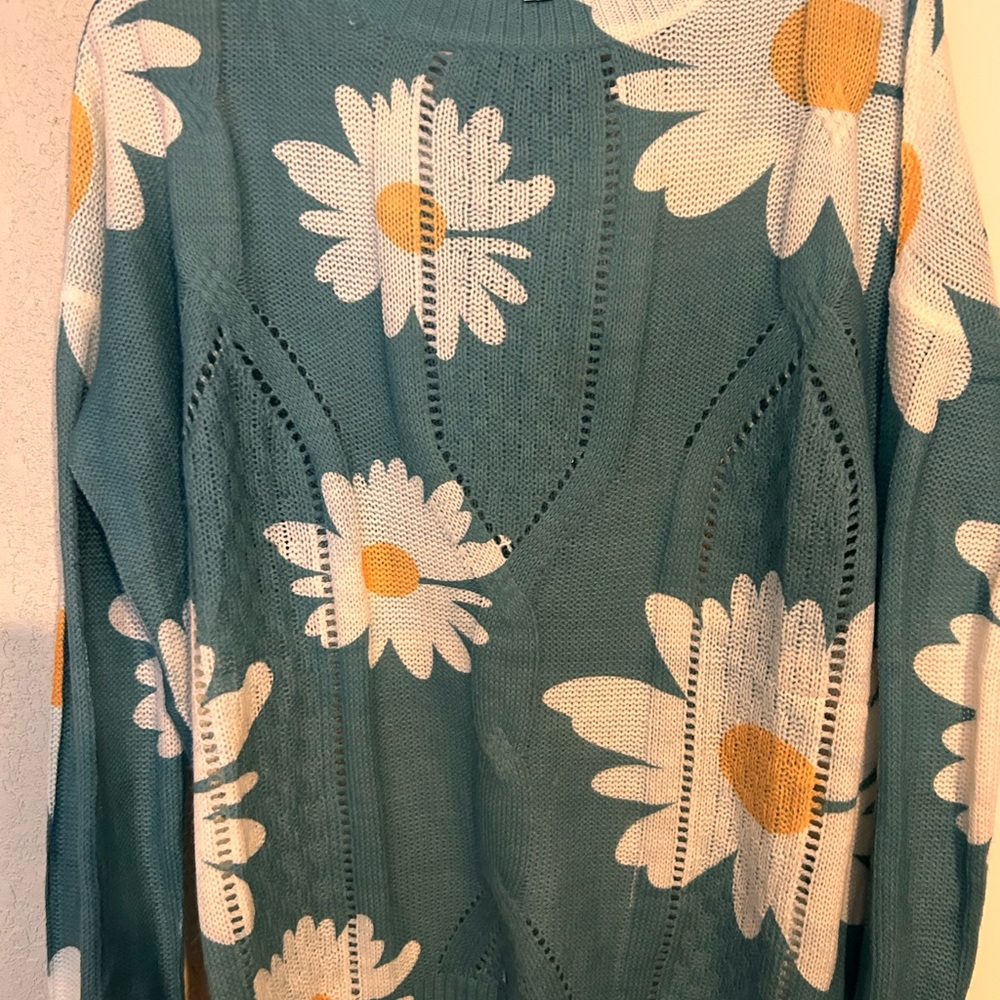 BIBI Floral Knit Sweater in Teal and White